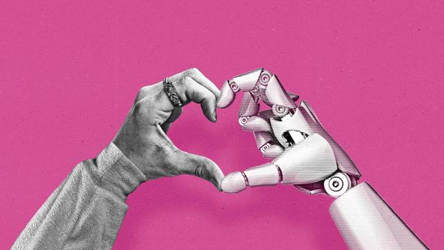 A human hand and a robot hand both form a heart with their fingers over a millennial pink background color.