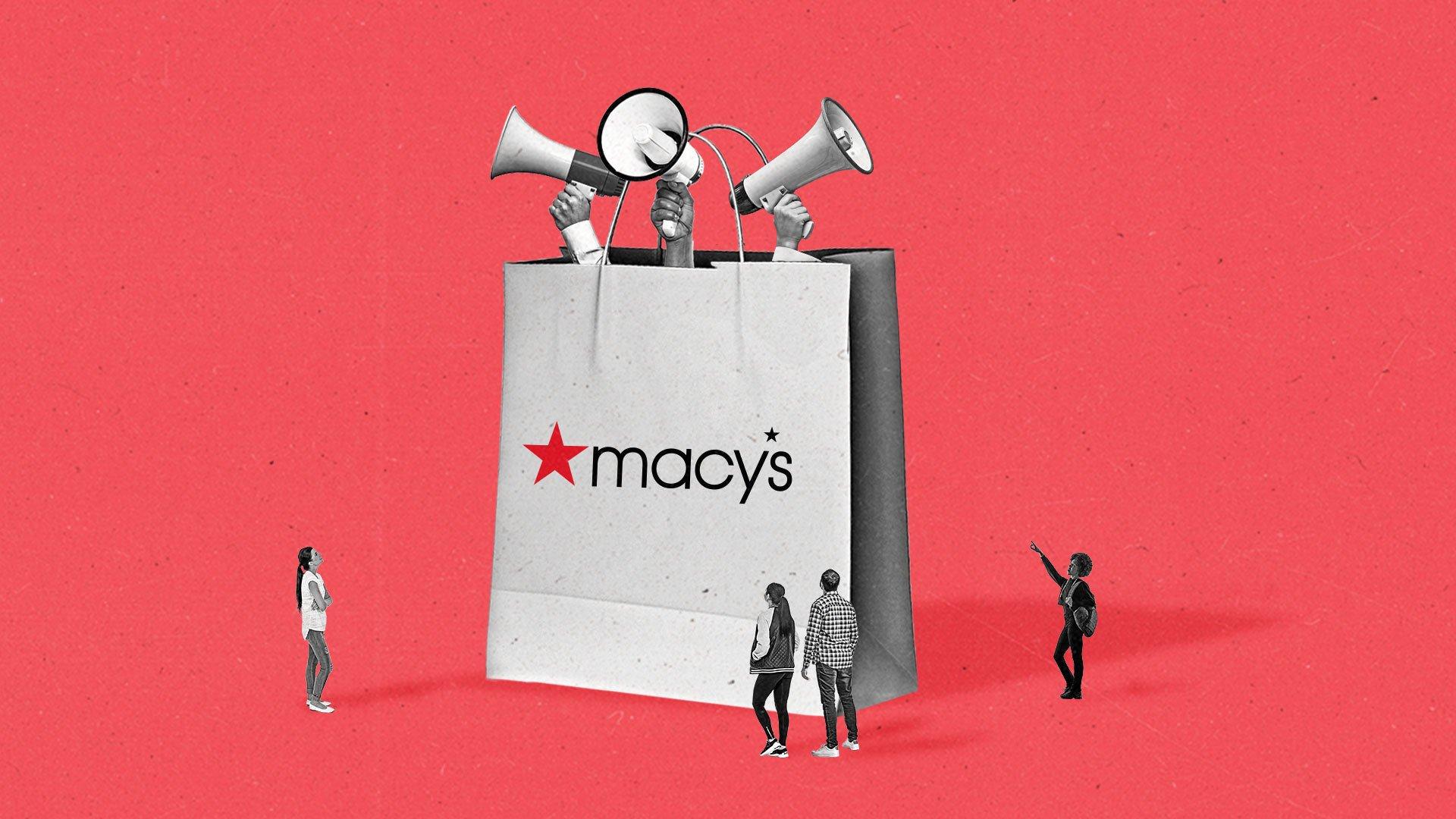 Three hands holding megaphones stick out of an oversized Macy's retail bag as people look on.