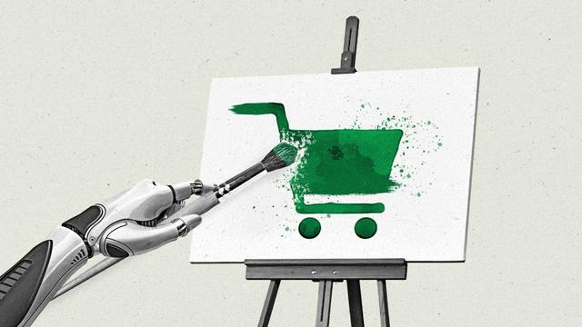 A robotic hand paints a shopping cart on an easel.