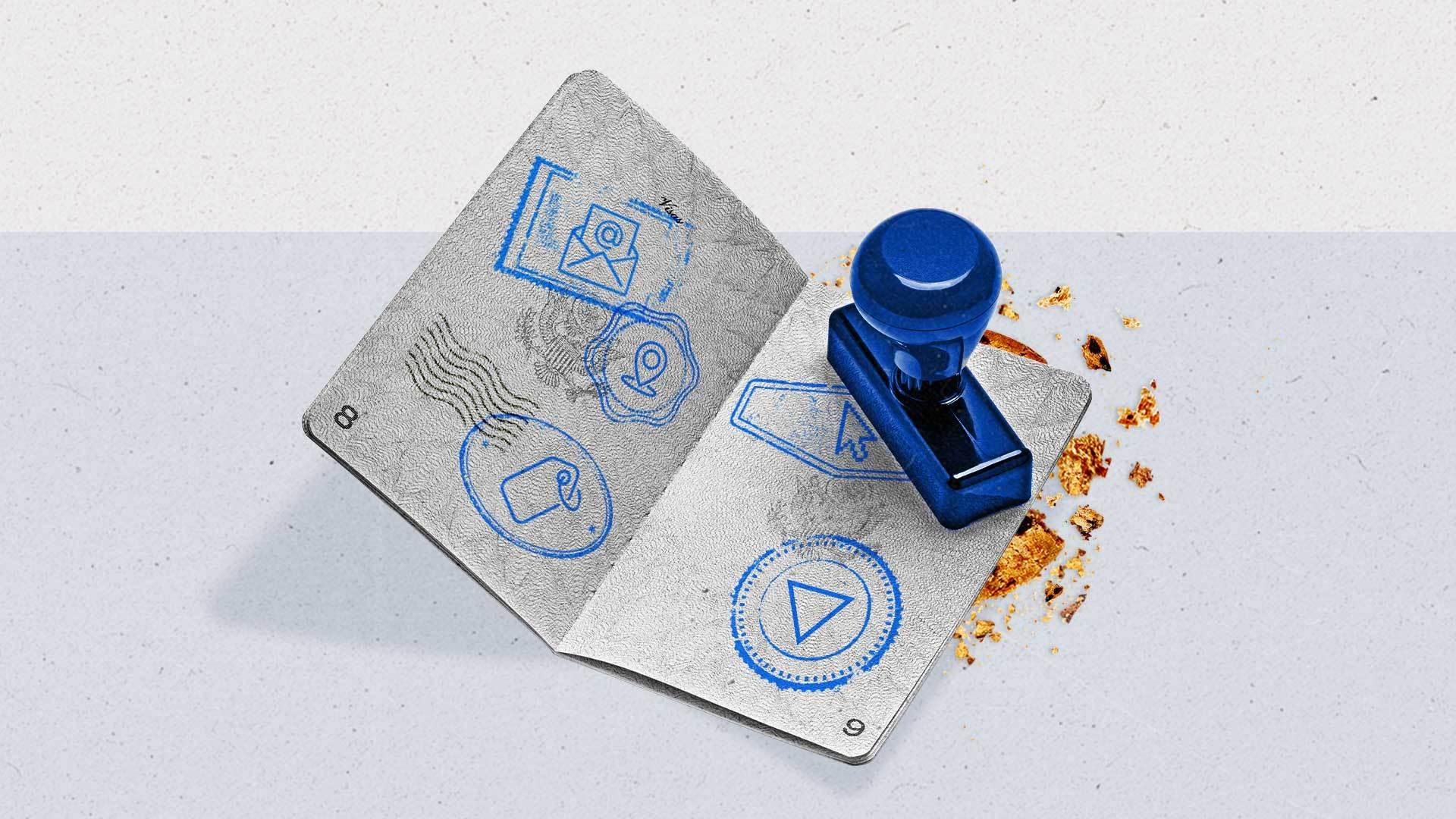 A stamper and a passport filled with various programmatic-related stamps sits atop a crushed cookie.