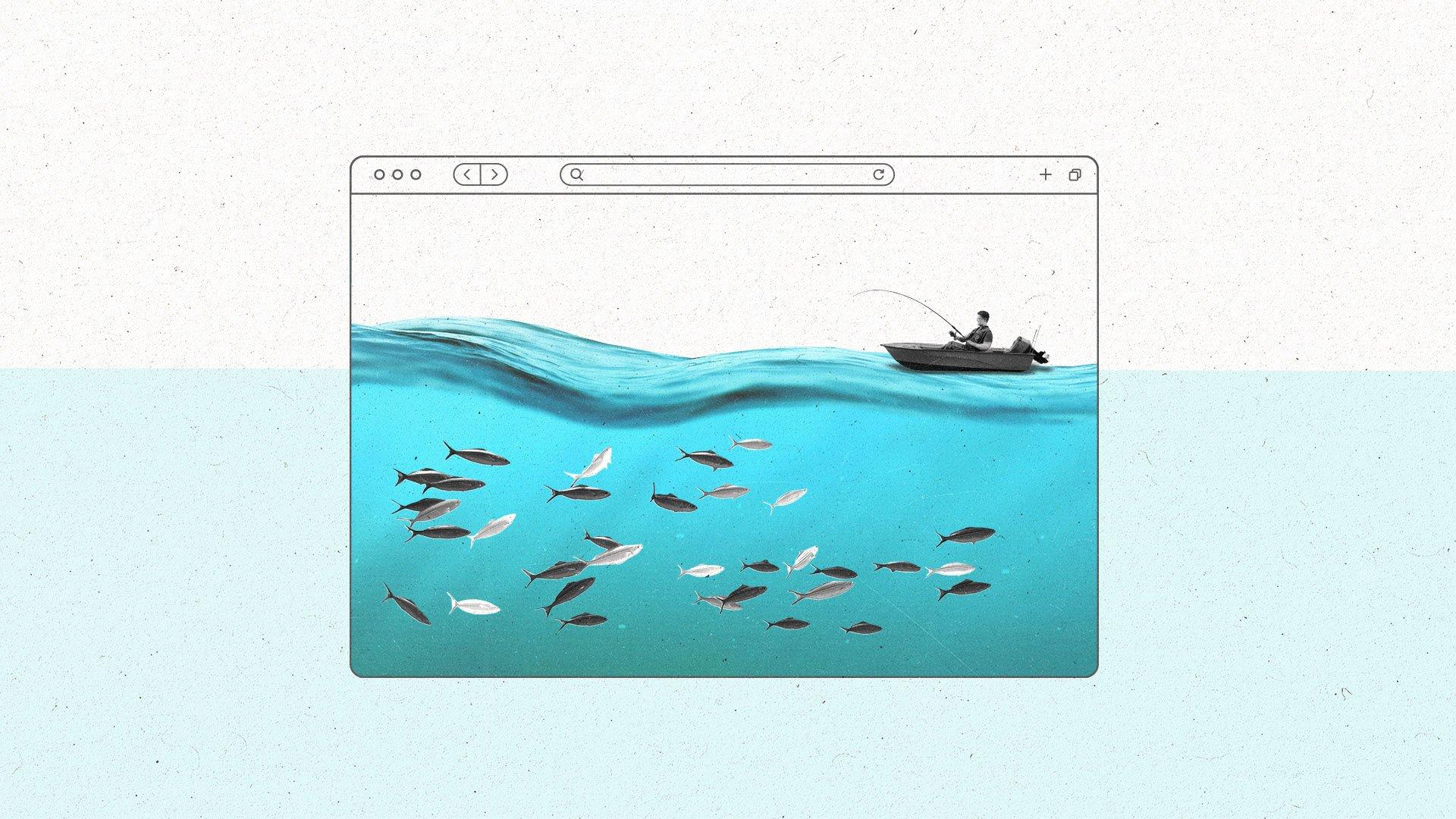A browser window displaying a body of water full of fish and a fisherman in a boat on the water's surface.