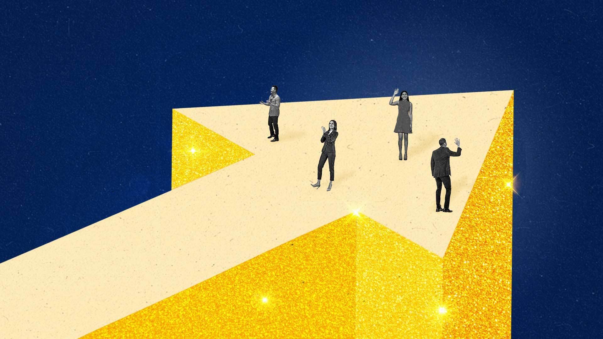 Four business people wave and applaud while standing on a gold, glittery upward arrow.