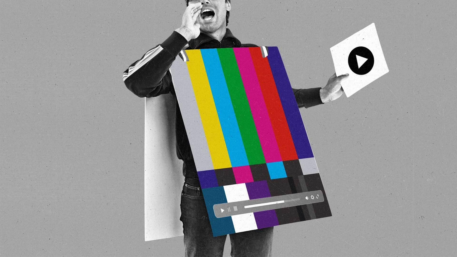 A man in a sandwich board showing a TV test pattern and streaming UI yells while holding a sheet of paper depicting a circular play button.