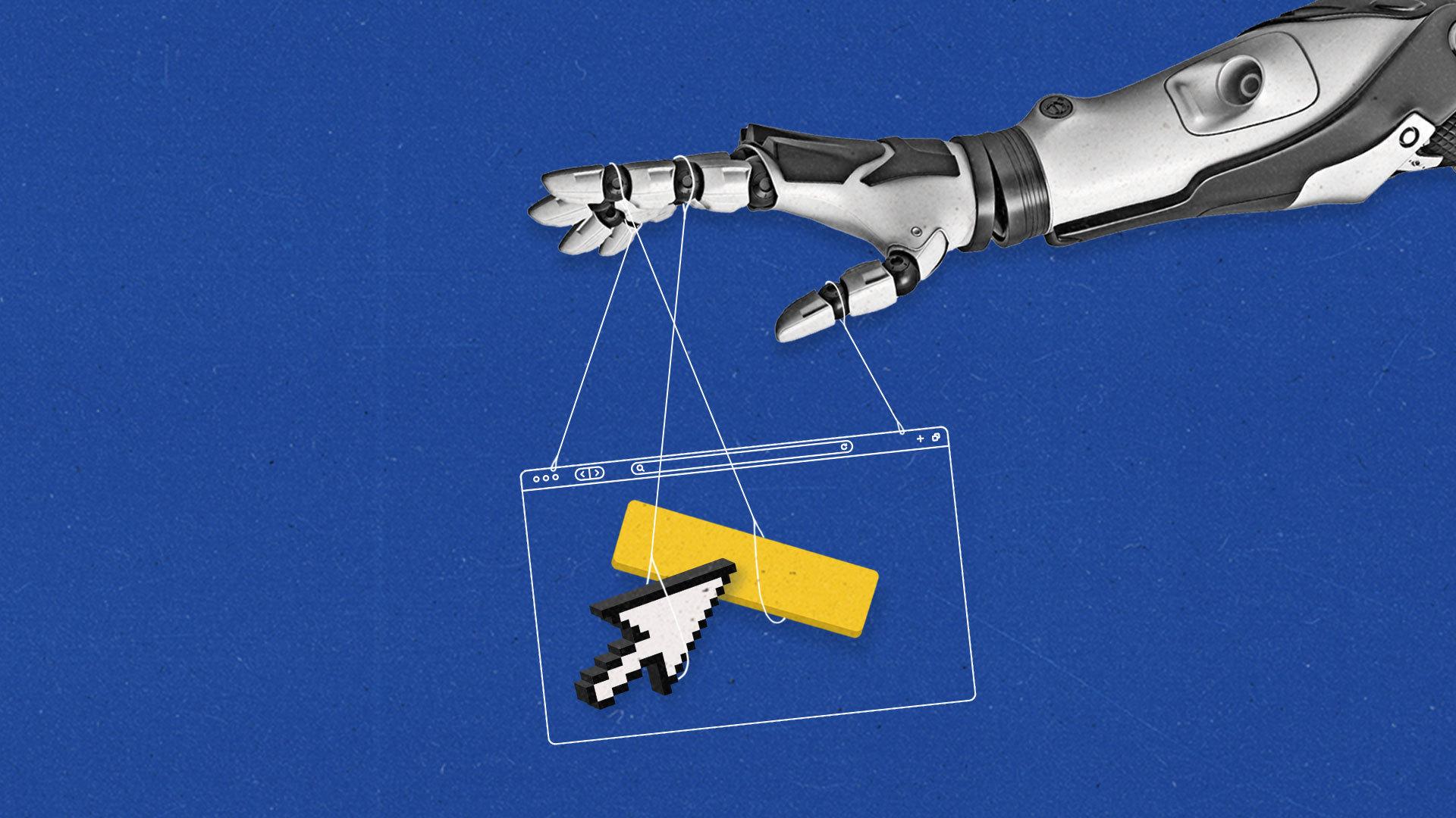 A robot hand manipulates a browser window, a 3D cursor, and a yellow button suspended on strings.