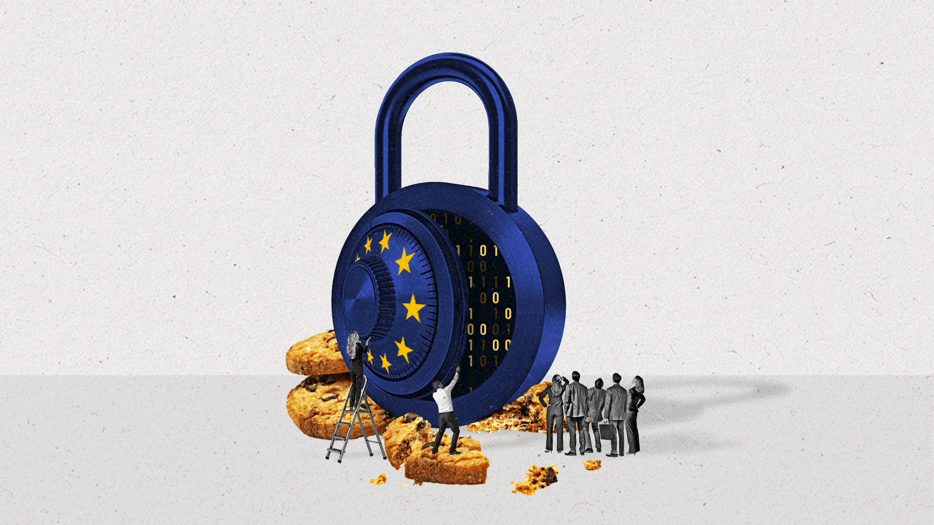 A opened lock with the European Union stars sits upon crushed cookies as a crowd looks on.