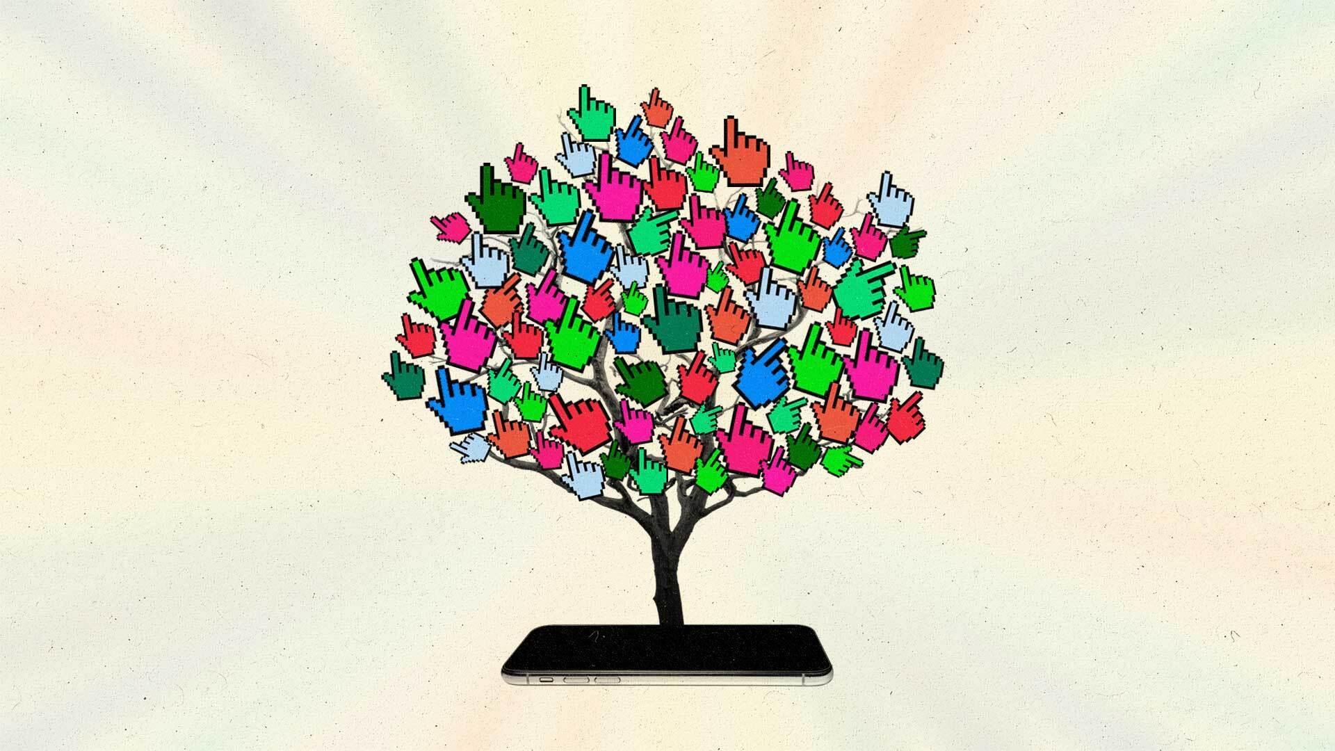A tree with multicolored pointer cursors rises out of a smartphone.