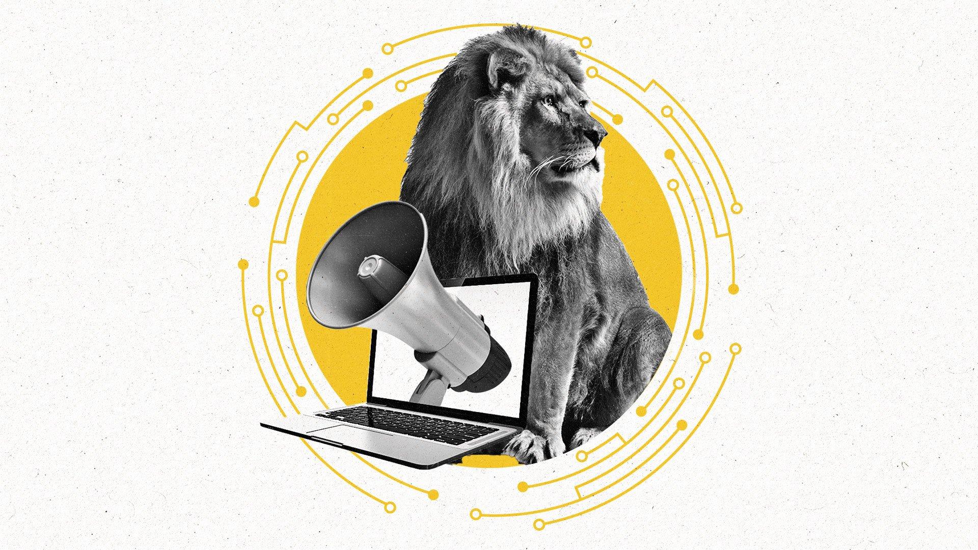 Alt text: Photo illustration of a lion next to a laptop with a megaphone coming out of its screen, within a yellow circle decorated by circuit imagery