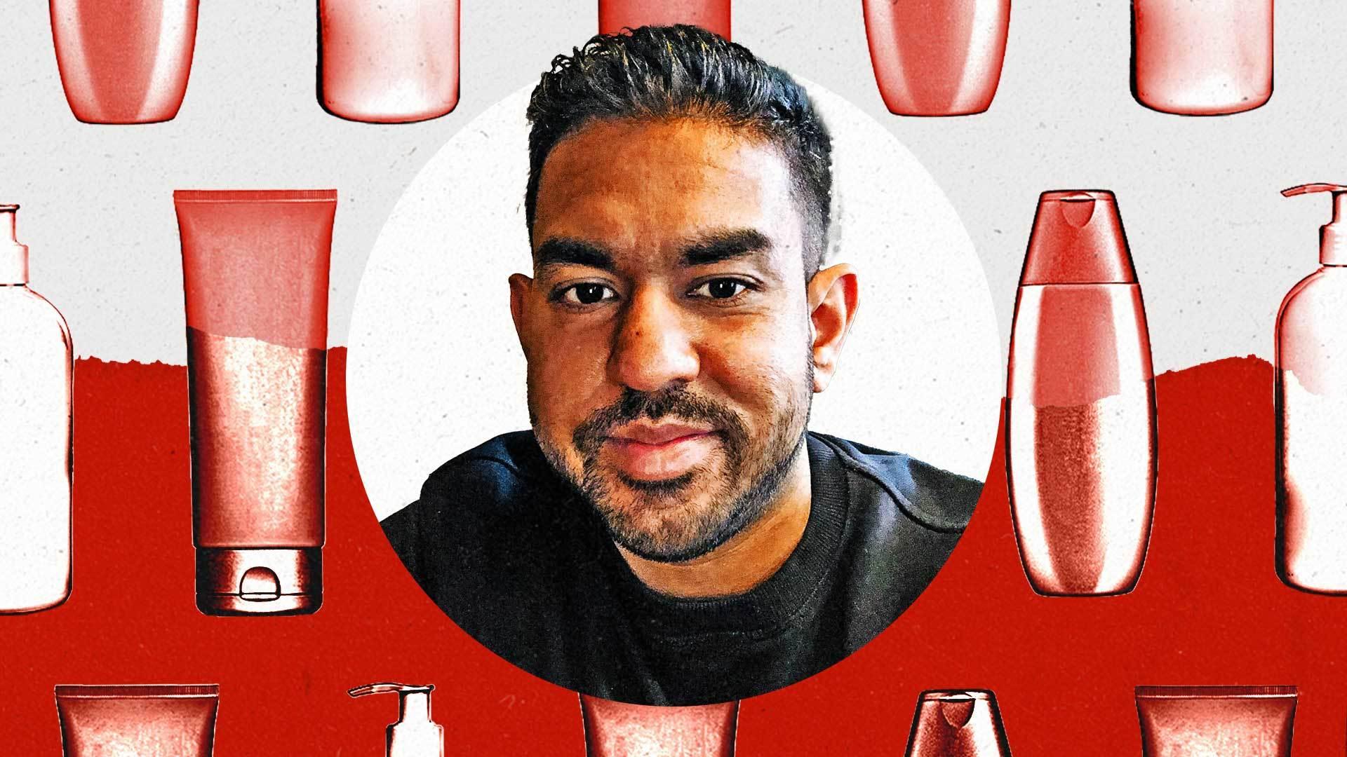 Headshot of Andrew Jude Rajanathan, EMEA media lead at Johnson & Johnson, amidst stylized imagery of products typically sold by J&J