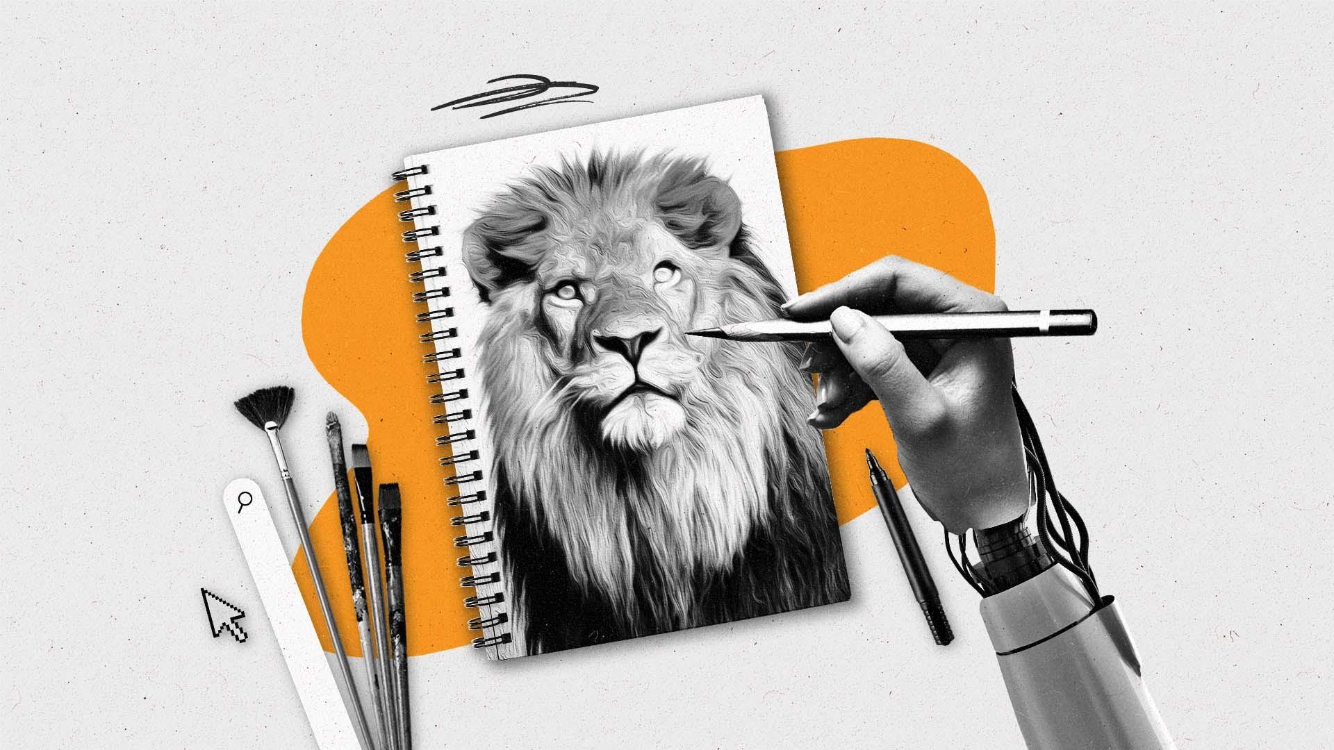 A robotic hand sketches a lion in a notepad alongside brushes, a search bar, and a cursor.