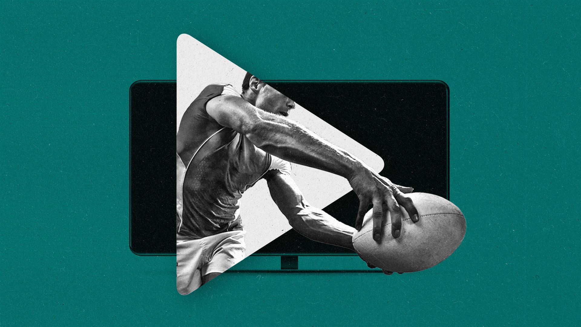 A rugby player popping out of an oversized connected TV play button catches a ball.