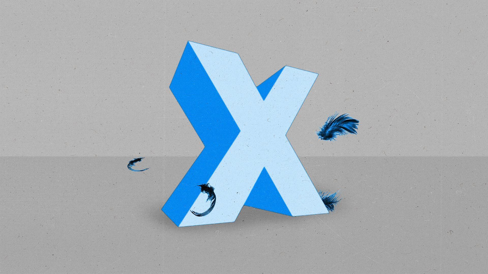 A blue 3D letter X amidst four blue falling feathers.