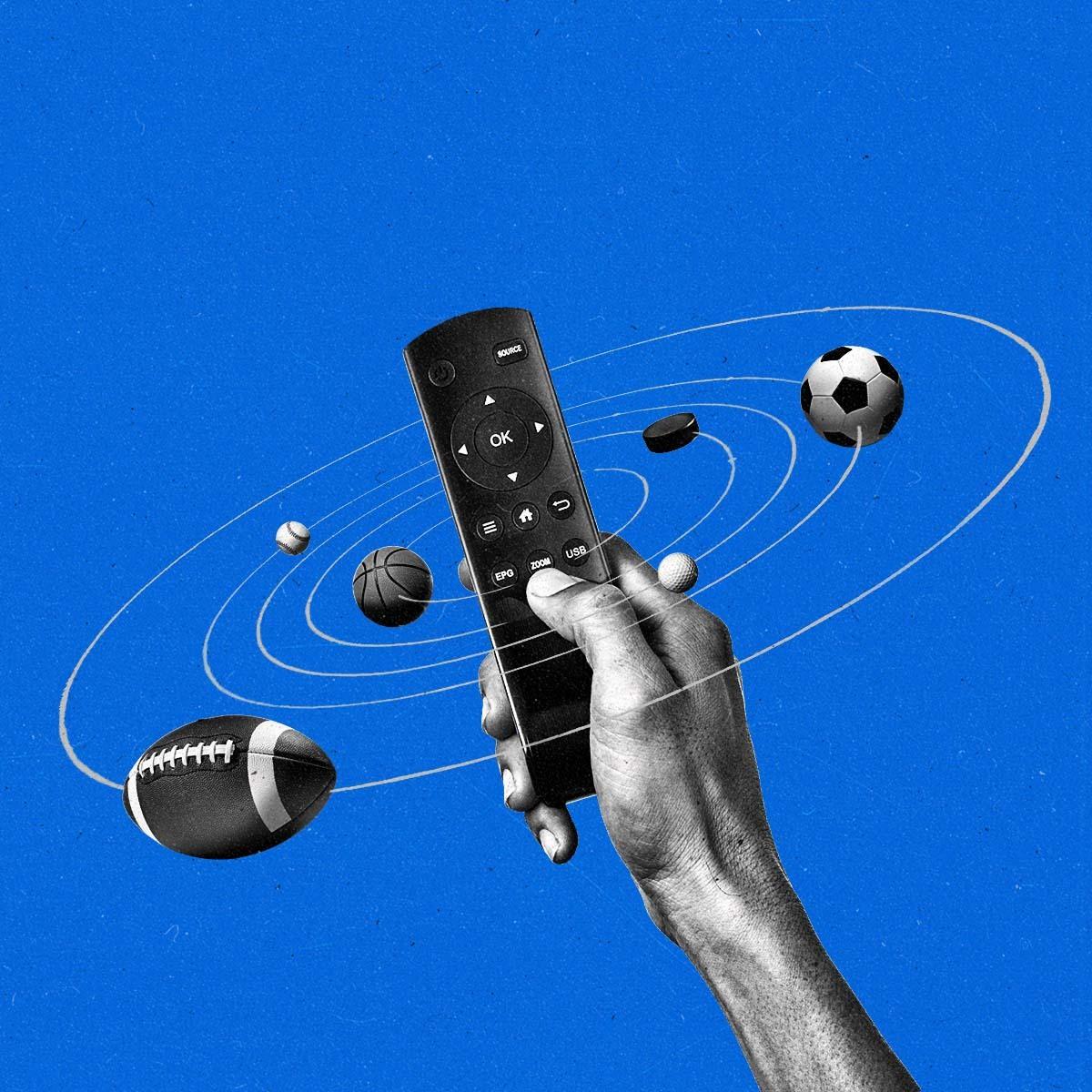 A solar system of balls from various sports orbits around a hand holding a TV remote control.