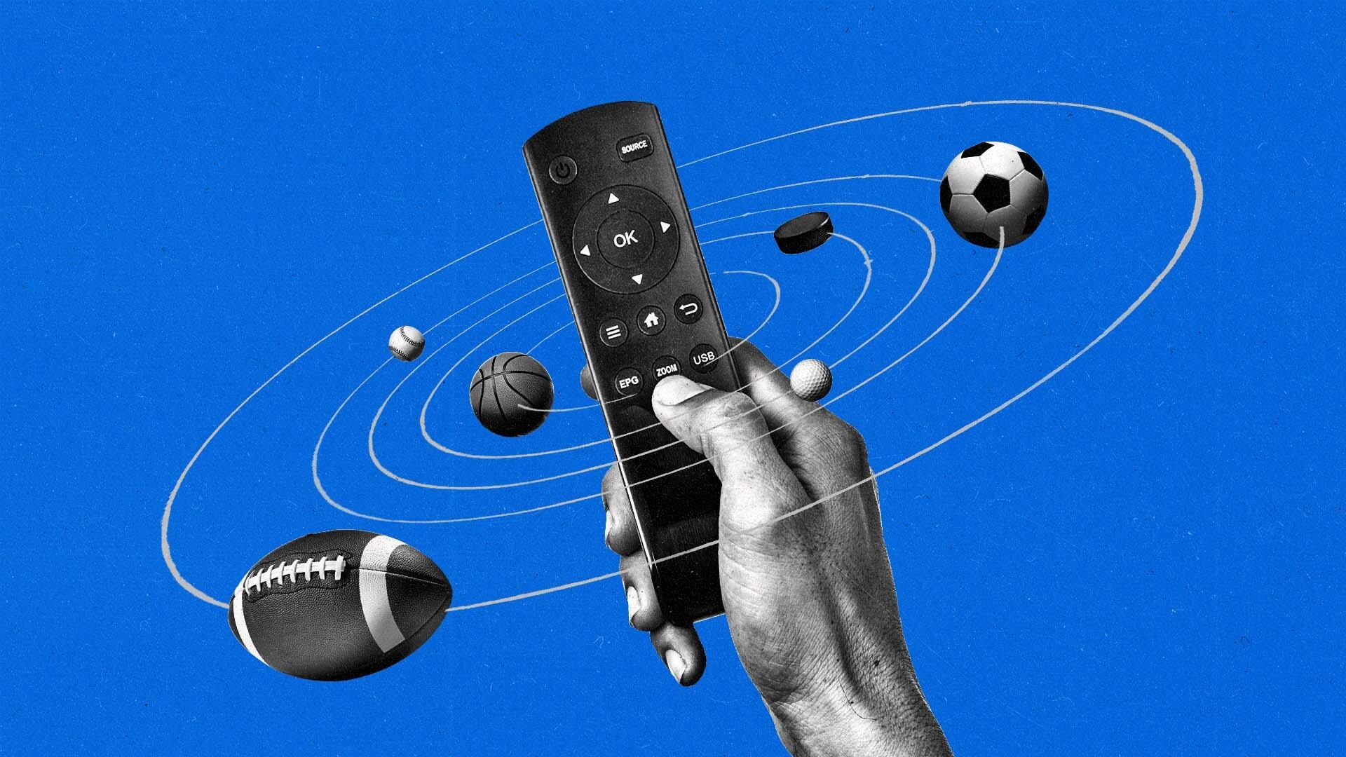 A solar system of balls from various sports orbits around a hand holding a TV remote control.