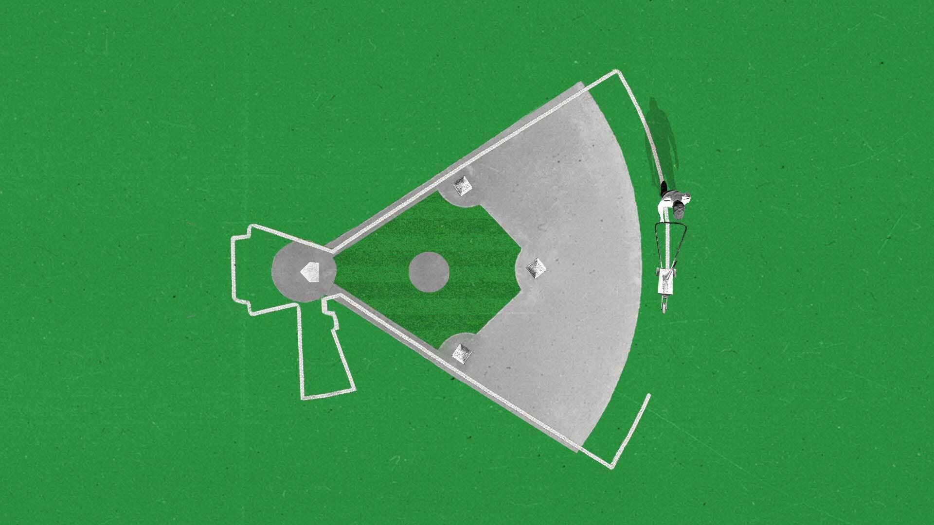 A person painting baselines paints the shape of a megaphone around a baseball field.