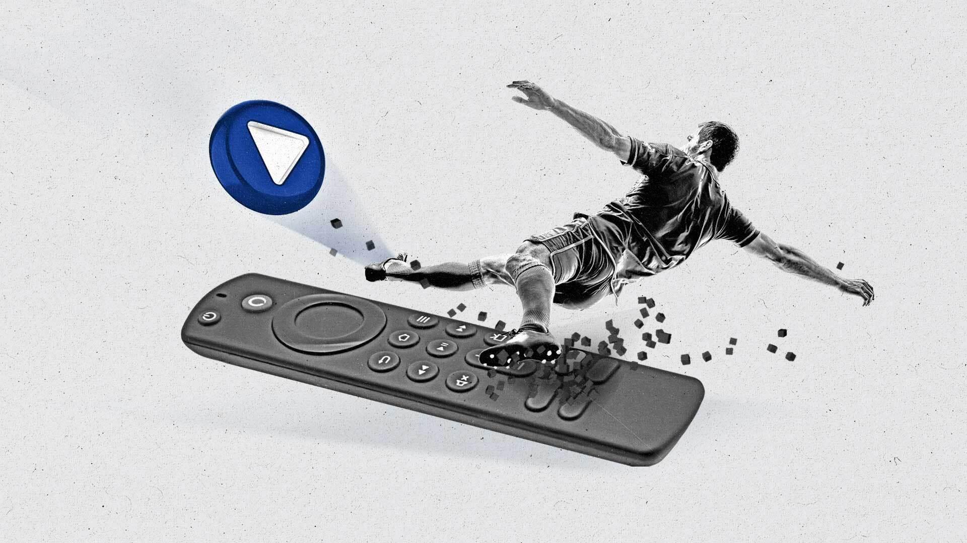 A female soccer player skids on a streaming remote and kicks a play button.