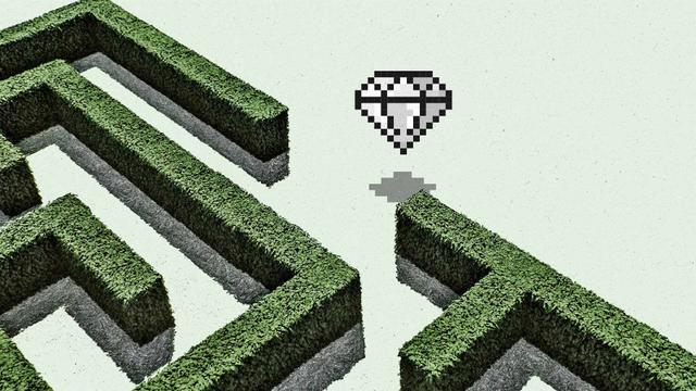 A walled garden maze with a pixelated diamond at its opening.