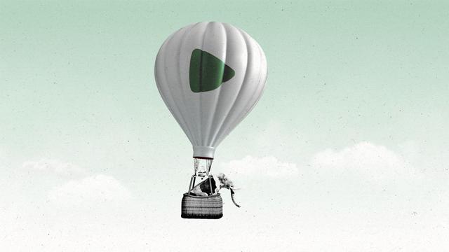 An elephant soaring in a hot air balloon whose graphic is of a play button.