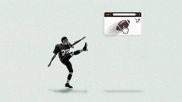 A football player kicks a football within a small browser window with a shopping icon inside.