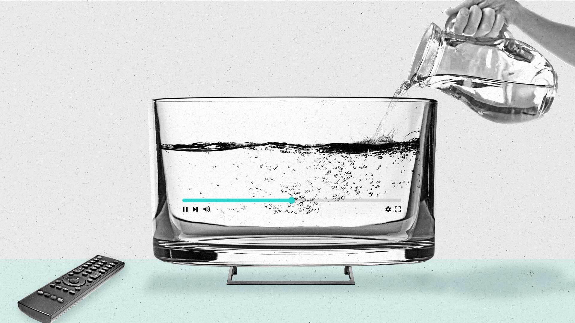 A hand pours a clear liquid into a connected TV-shaped glass container with a streaming progress bar on it.