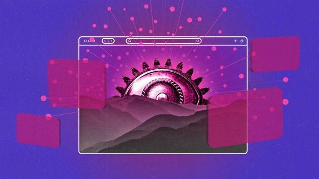 A machine eye rises over a mountain range within a browser window and emits nodes that connect to various colored shapes.