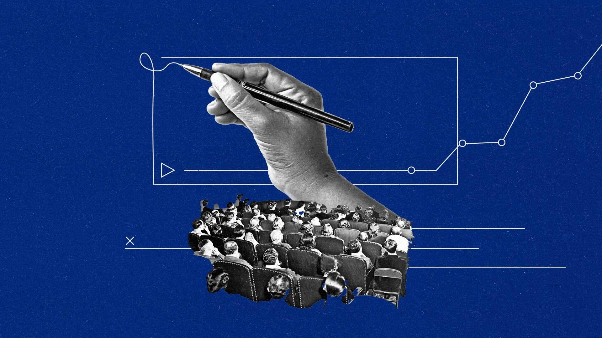 A hand drawing a line that forms a connected TV screen hovers over an audience and above a line graph trending upward.