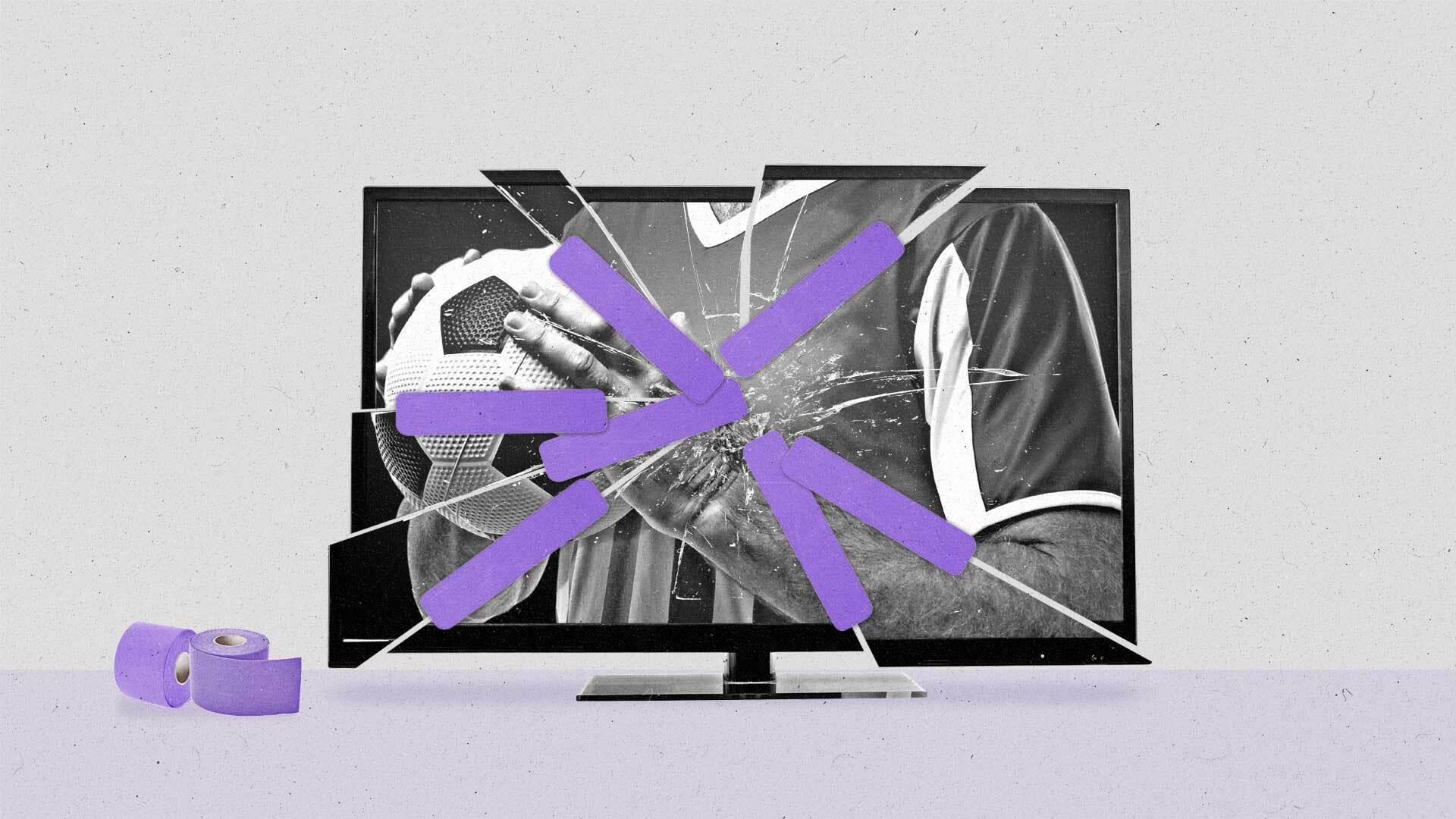 A fragmented connected TV showing a soccer player is held together with athletic tape.