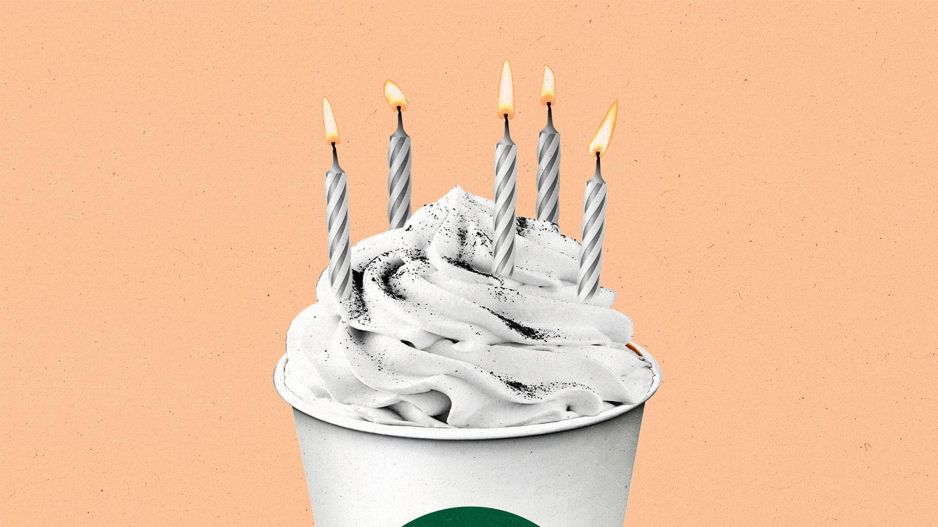 Birthday candles atop a Pumpkin Spiced Latte with whipped cream.