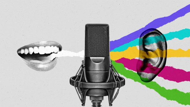 A mouth emitting a white band of color goes through a microphone and comes out as five bands of color emitting towards an ear.