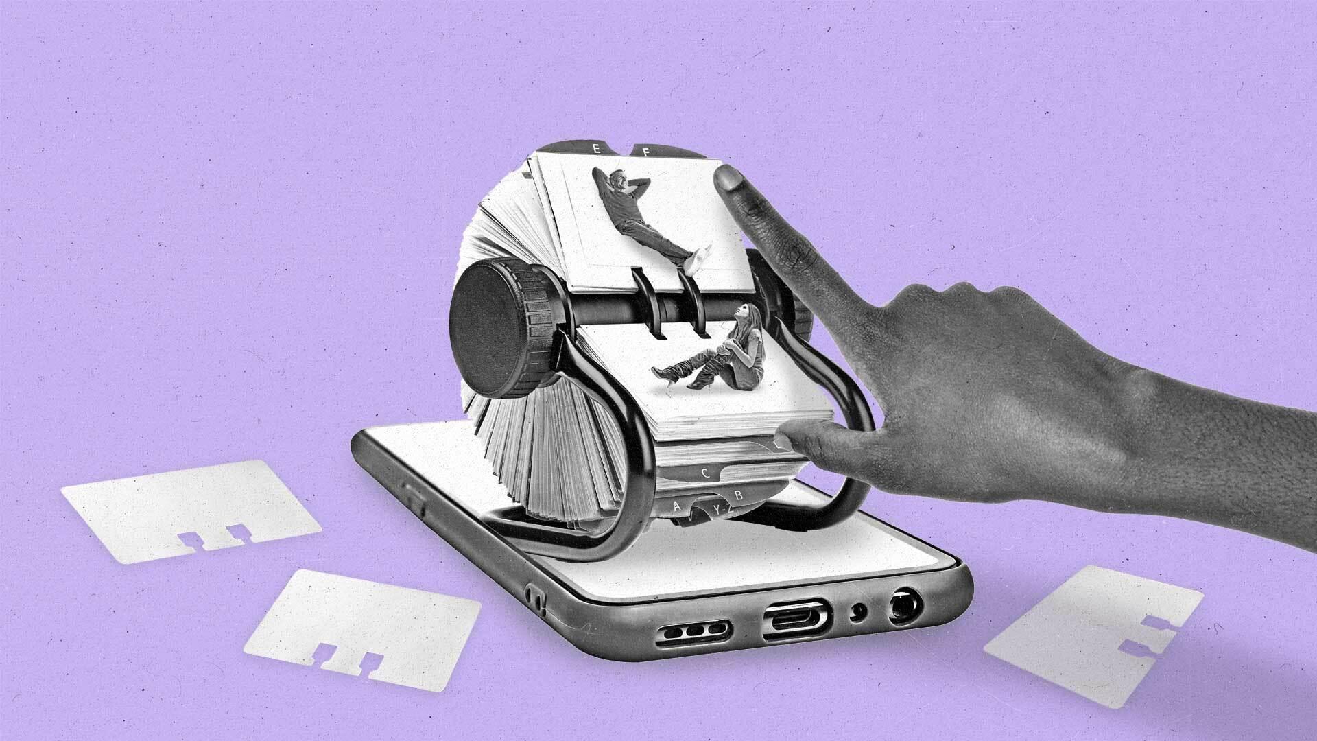A hand flips a rolodex within a smartphone containing two people.