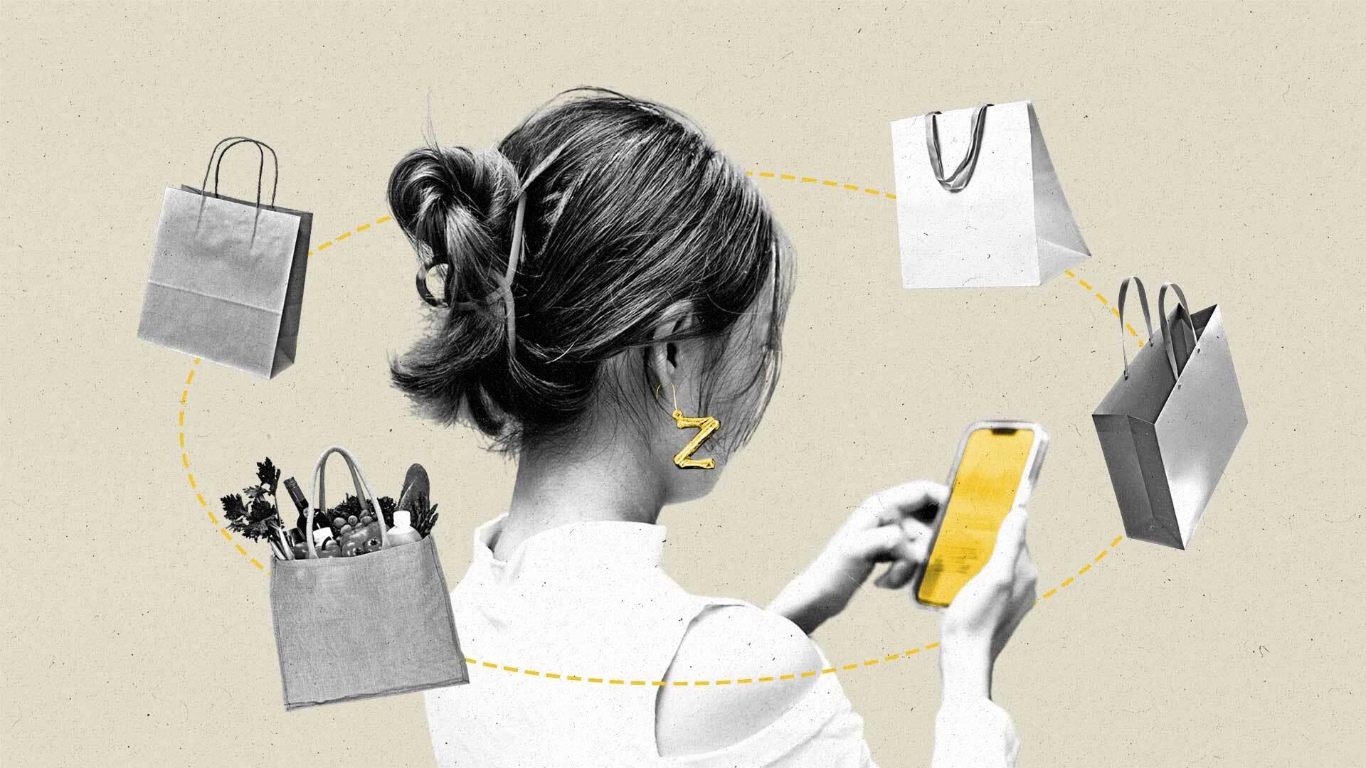 A woman with a gold z-shaped earring looks at her phone as a variety of shopping bags float around her.