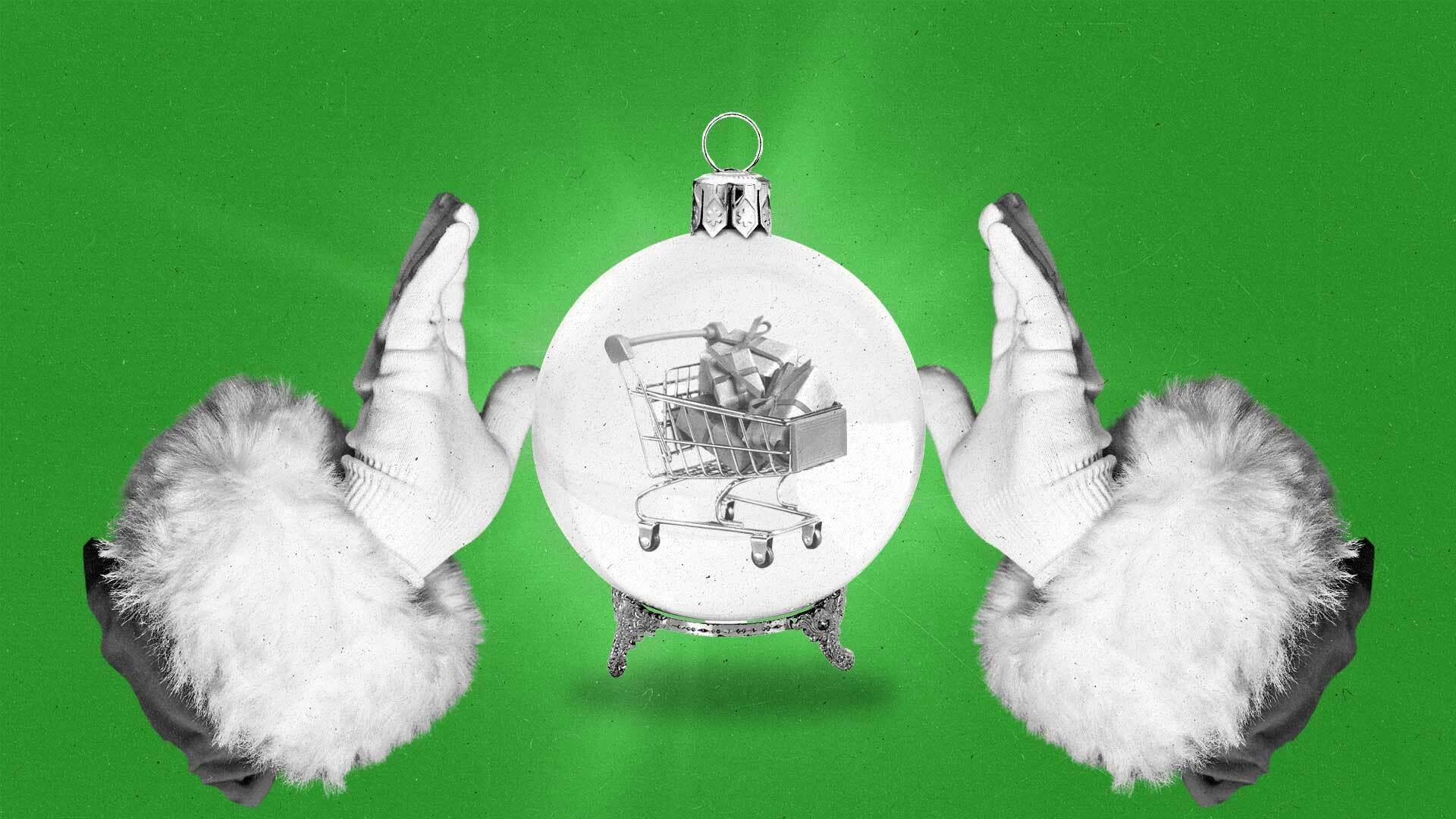 Two gloved hands with puffy sleeves hover around a glowing glass ornament crystal ball with a shopping cart inside.
