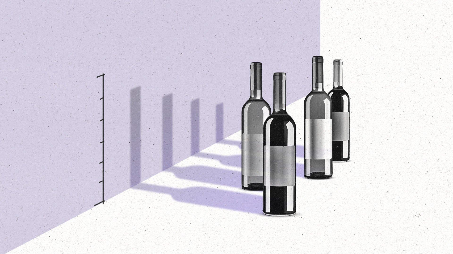 Wine bottles cast shadows on a wall to create a bar graph.