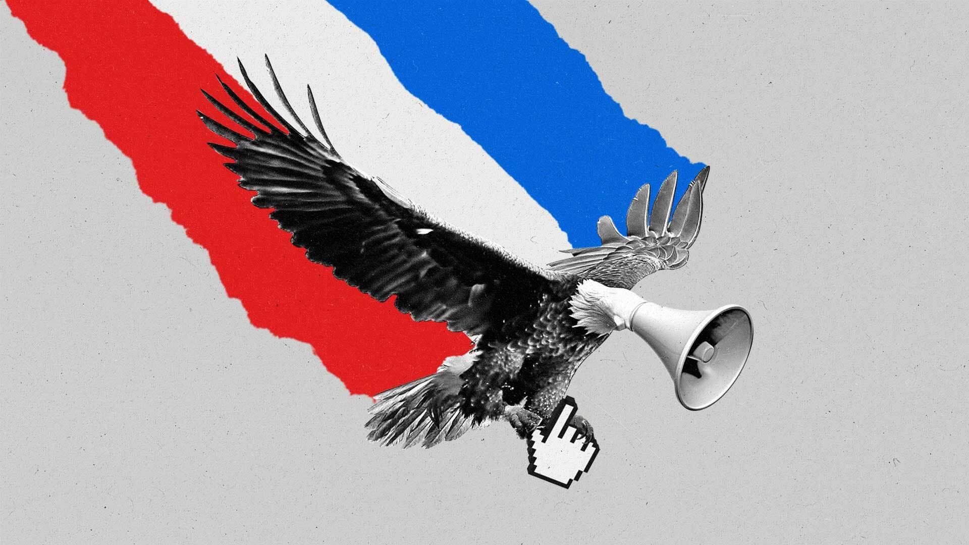 A bald eagle with a megaphone for a head carries a finger cursor as red, white and blue stripes follow it.