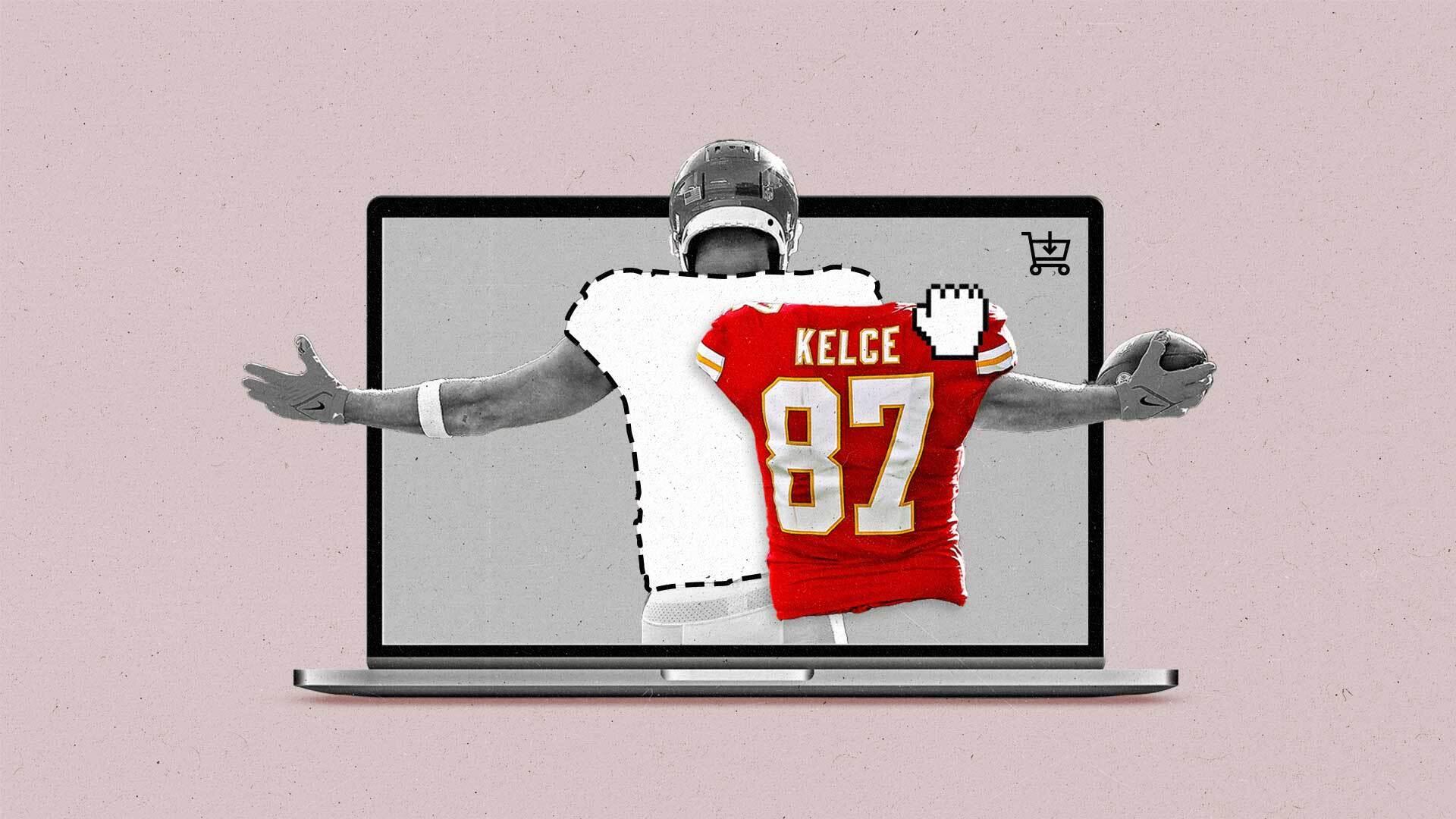 A cursor pulls a jersey off of Travis Kelce's back, leaving a dotted-line space in its place.