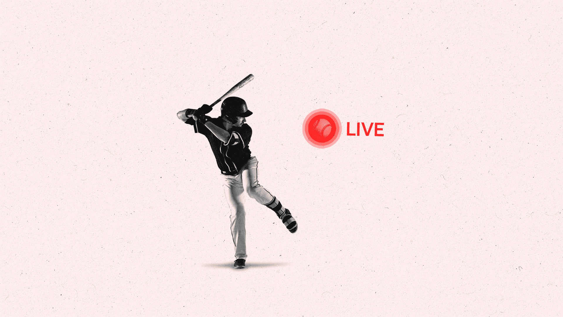 A baseball player posed at bat about to hit a red "live" icon.