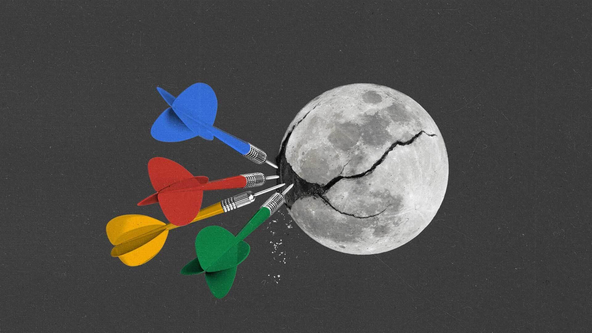 Four multicolored darts are embedded in a cracked moon.