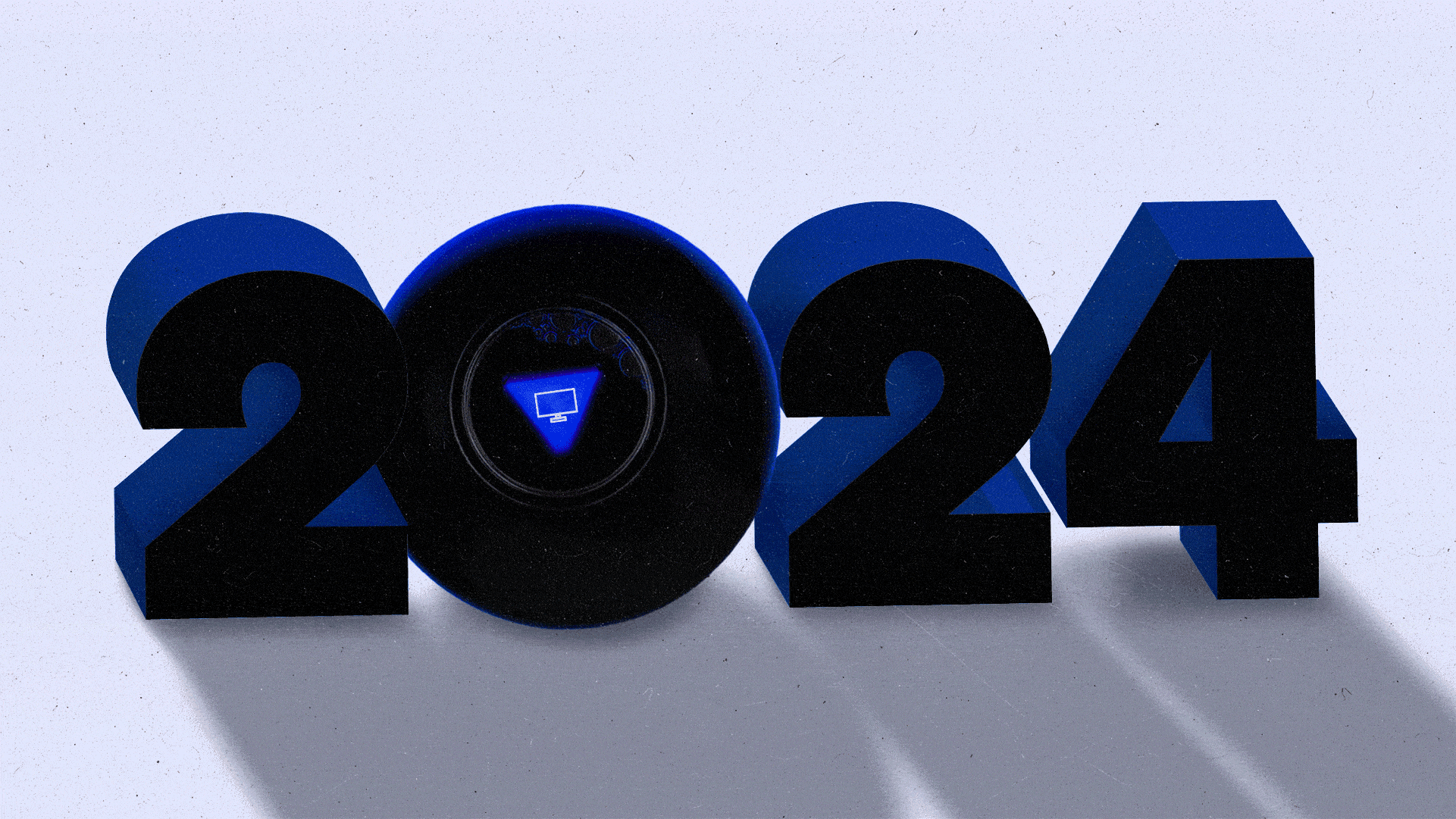 3D number 2024 with the 0 replaced by a magic 8 ball animated to display the '8 ball answers' of a tv screen and a shopping cart.