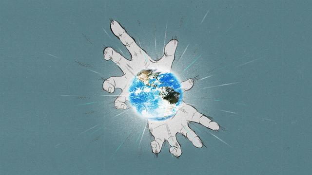 Anime-style hands drawn in the pose of the 'kamehameha' with a photo of the earth held in the center of the hands.