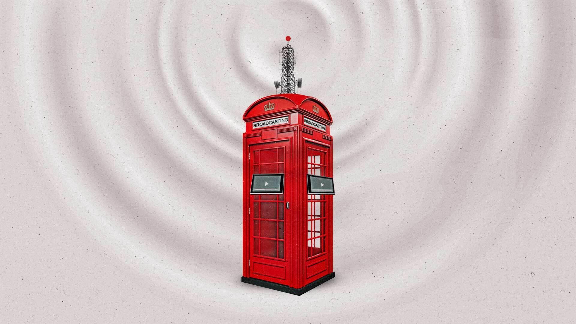 A red phone booth that says 'Broadcasting' with Connected TVs emits a signal from a tower on top of it.