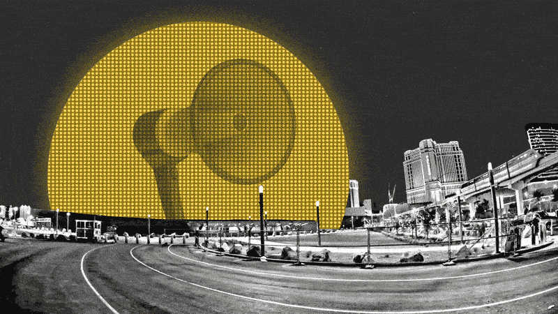 A megaphone rotates on the yellow display on The Sphere in Las Vegas, NV.