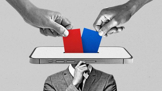 Two hands holding red and blue cards deposit them in a slot within a smartphone on top of a man's body.
