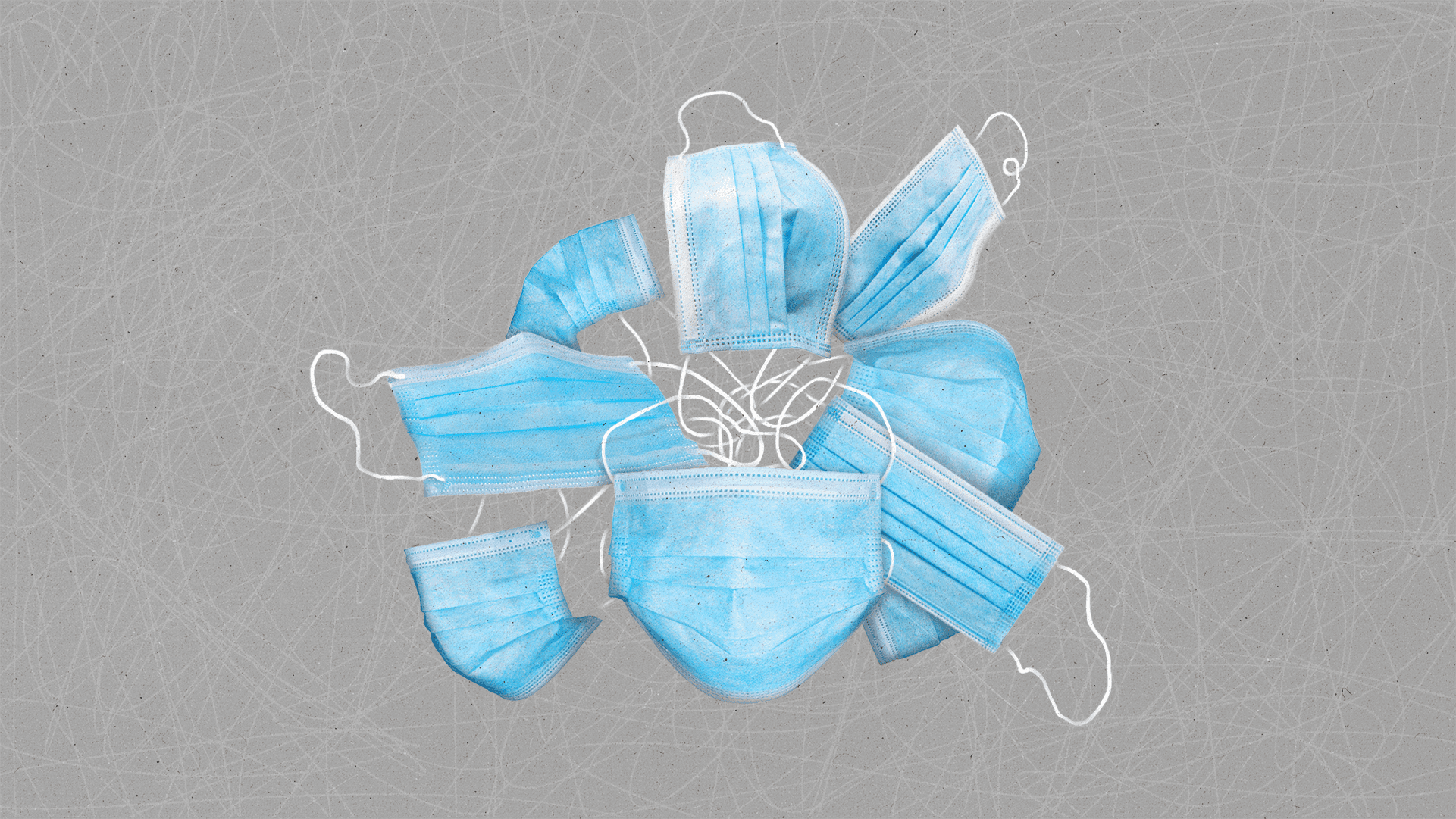Blue medical masks with their ties knotted and mingled together in a central knot, with white scribbles over a grey background.