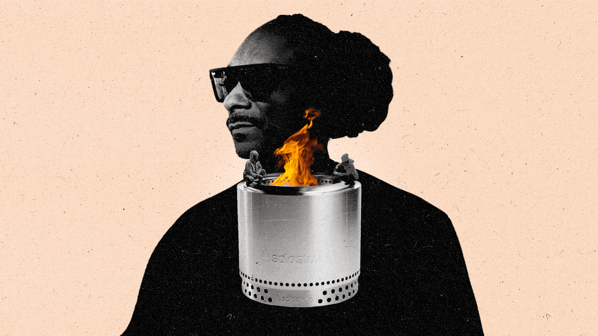 Two people sit beside a stove fire as a silhouette of Snoop Dogg looms in the background.