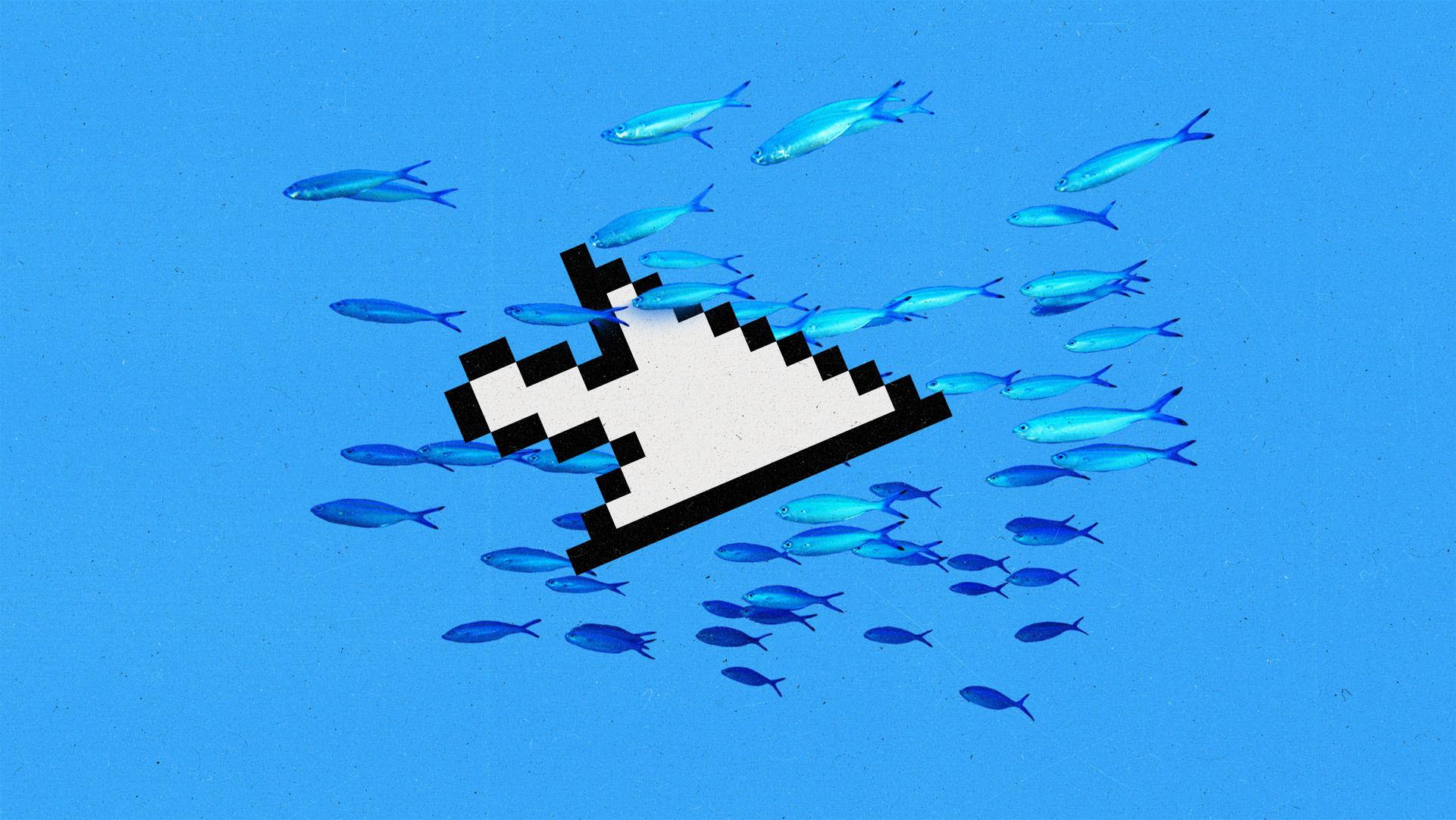 A cursor 'swimming' in the opposite direction of a school of fish, on a blue background.