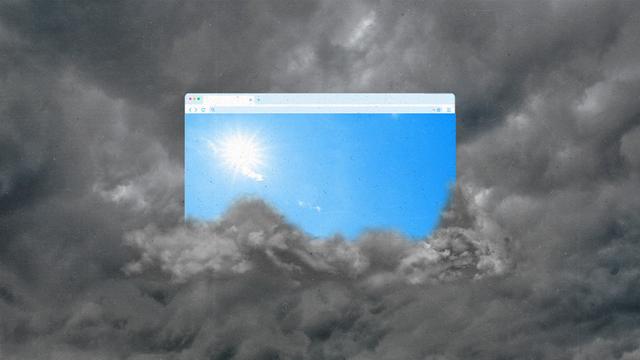A dark cloudy sky with a browser window in the center. The background of the browser window showing a sunny blue sky.