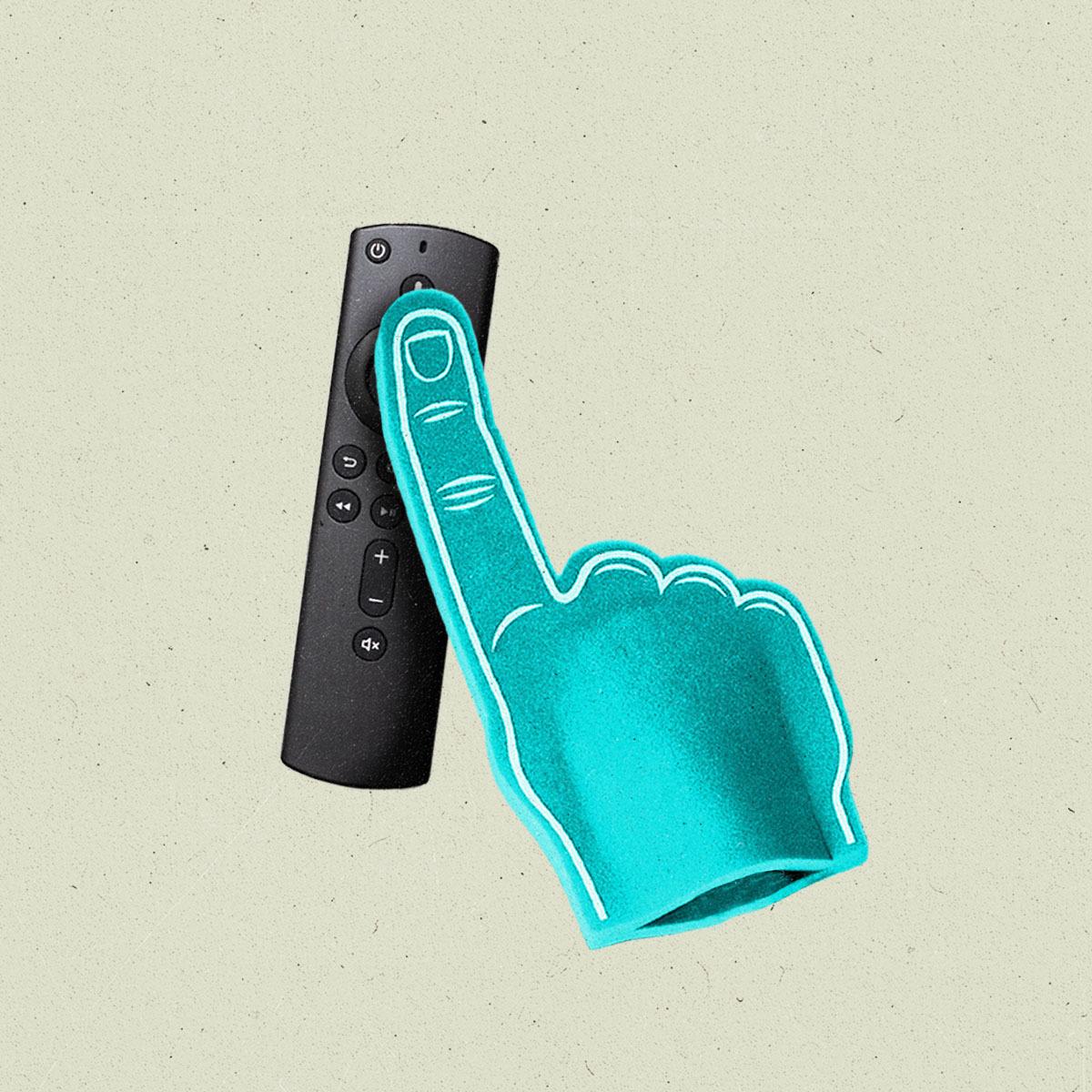 A bright turquoise colored foam finger presses the center button of a streaming service remote control.