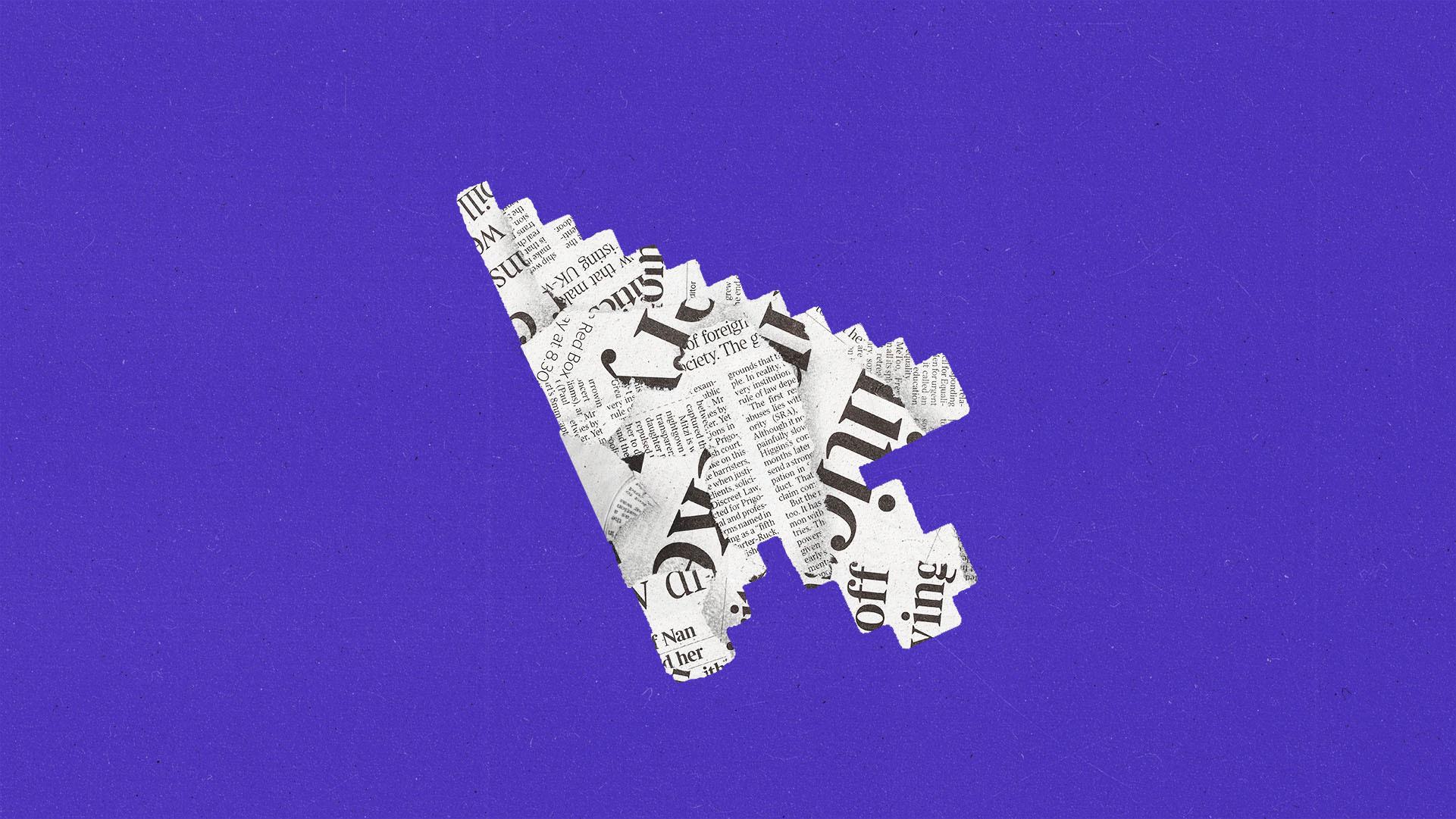 A computer cursor covered in newspaper clippings and scraps