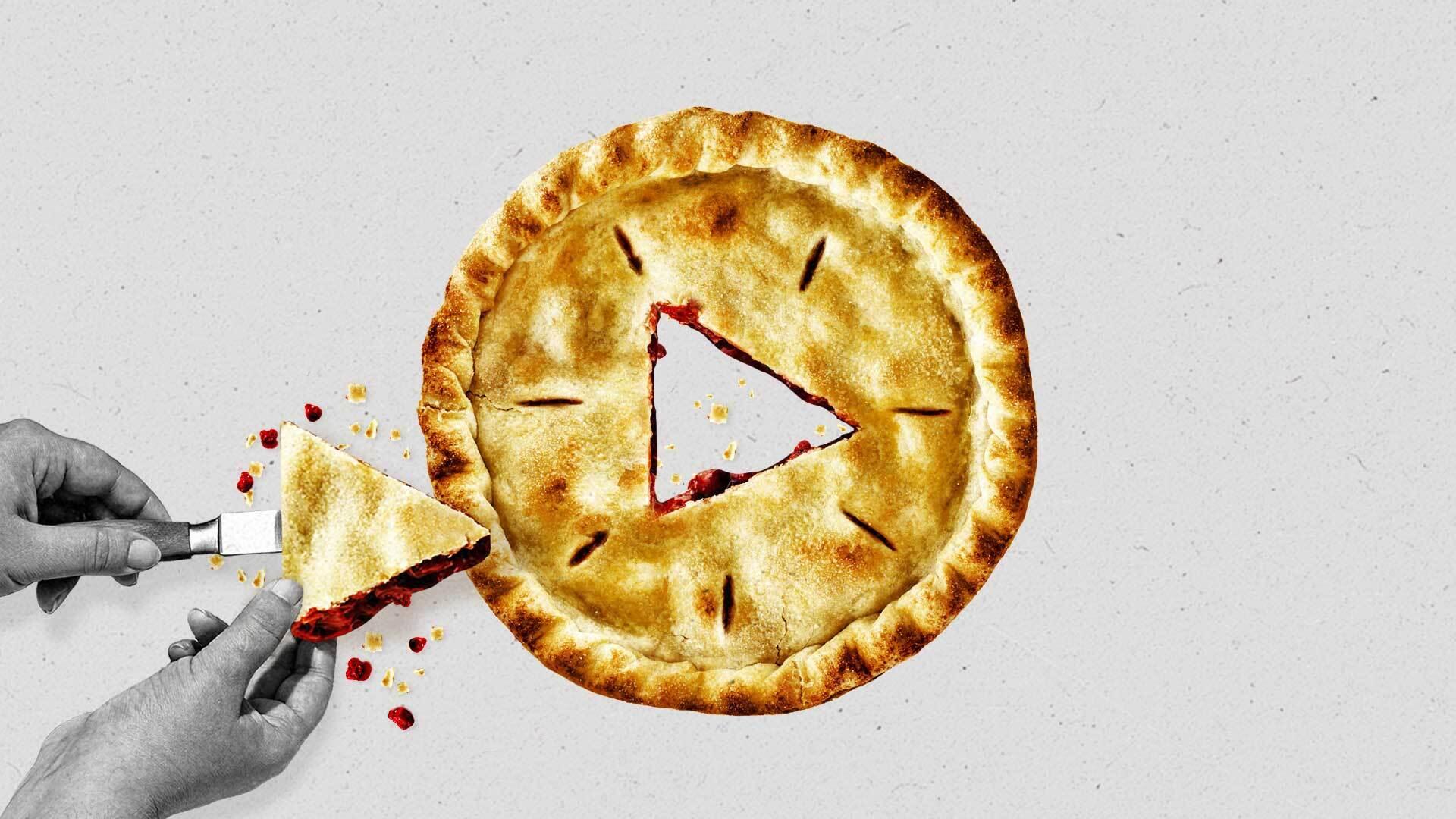 Two hands remove a slice from the center of a pie, leaving a play symbol.