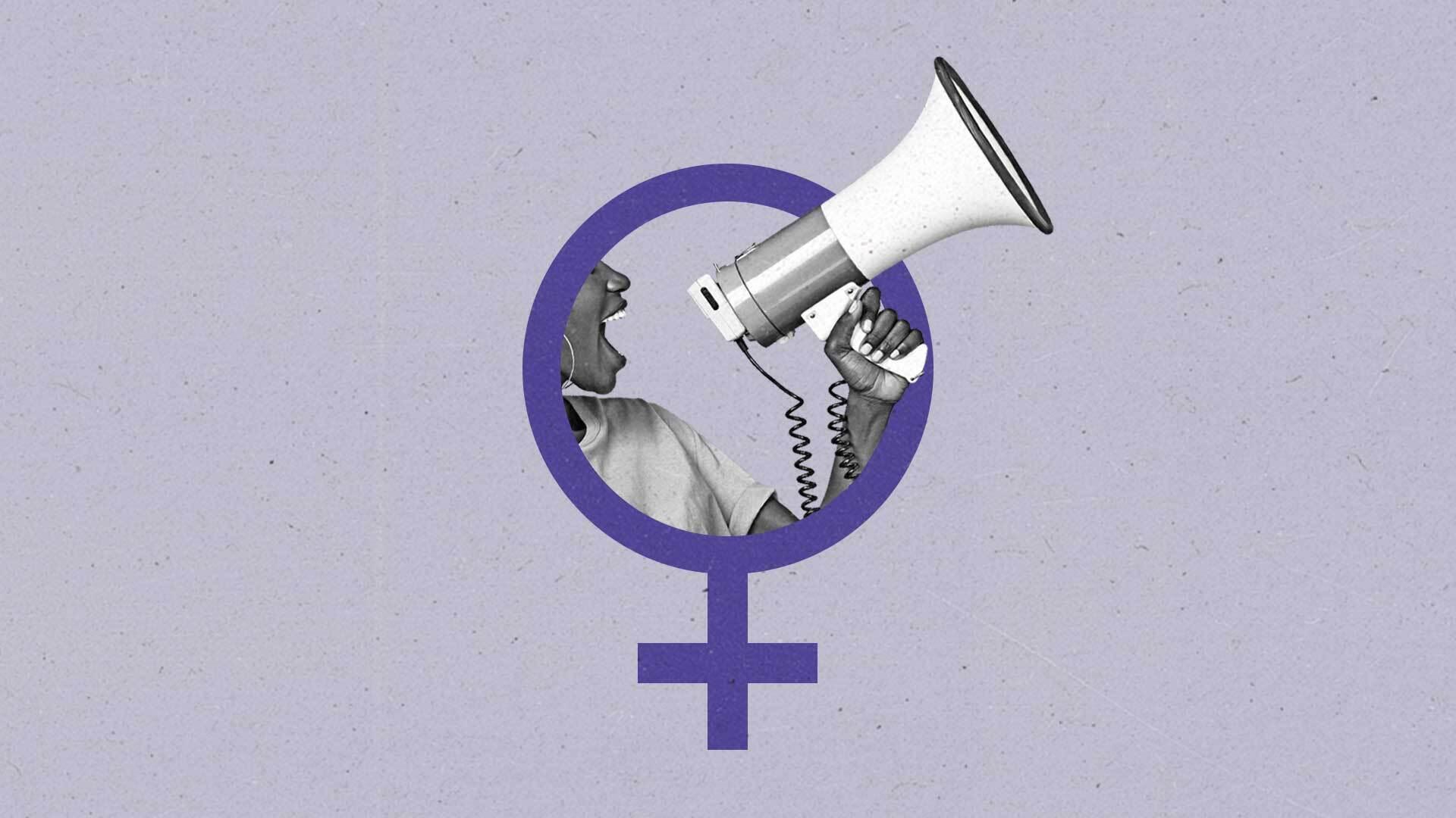 A woman shouts through a megaphone within the opening of a woman symbol.