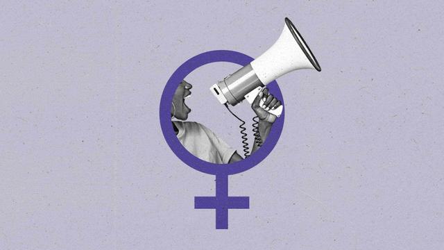 A woman shouts through a megaphone within the opening of a woman symbol.